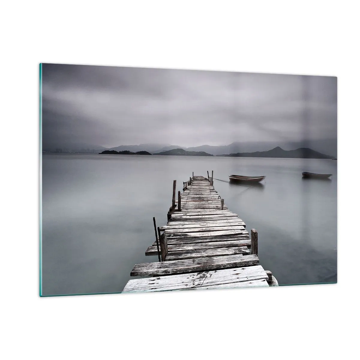 Impression sur verre - Image sur verre - Une jetée en bois sur un lac par temps brumeux - 120x80cm - Tu peux partir demain - Décoration murale moderne pour le salon et la chambre ARTTOR