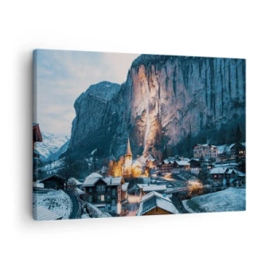 Impression sur toile - Image sur toile - Un village d'hiver pittoresque entouré de montagnes - 70x50cm - Esprit brillant de l'hiver - Décoration murale moderne pour le salon et la chambre ARTTOR