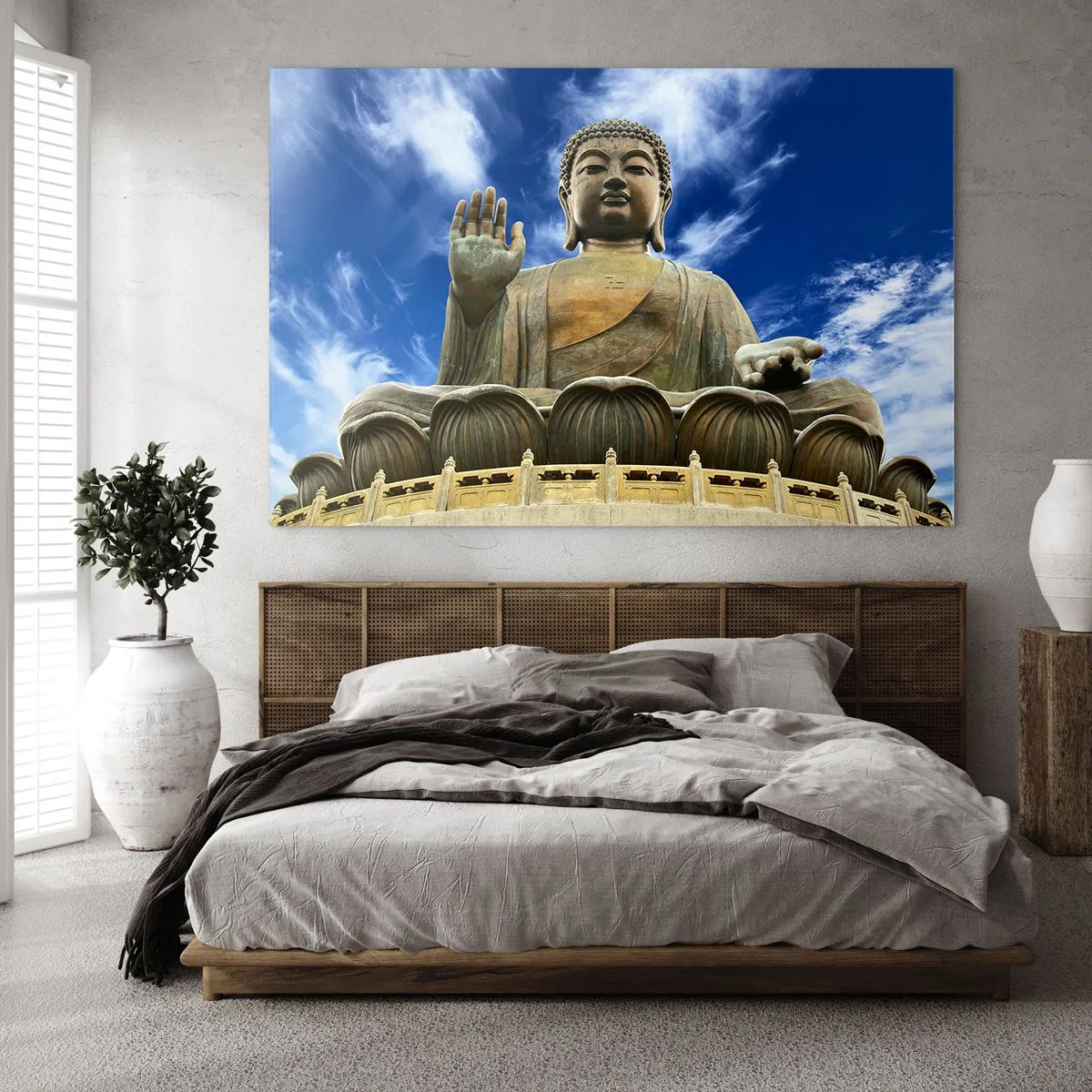 Impression sur verre - Image sur verre - Une grande statue de Bouddha contre un ciel bleu - 100x70cm - Vivre sans peur - Décoration murale moderne pour le salon et la chambre ARTTOR