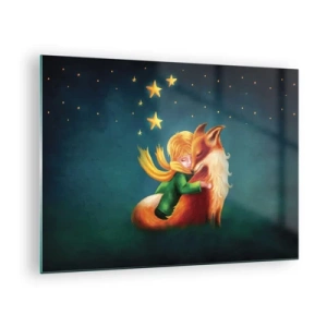 Impression sur verre - Image sur verre - Le Petit Prince serrant un renard dans ses bras sous un ciel étoilé - 70x50cm - Petit Prince - Décoration murale moderne pour le salon et la chambre ARTTOR