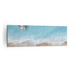 Impression sur toile - Image sur toile - Vue aérienne d'un bateau sur la plage - 160x50cm - A la frontière de l'azur et de l'or - Décoration murale moderne pour le salon et la chambre ARTTOR