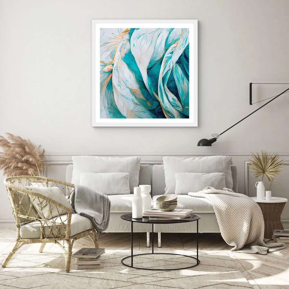 Affiche dans un cadre blanc - Poster - Abstraction bleue avec un motif doré - 30x30 cm