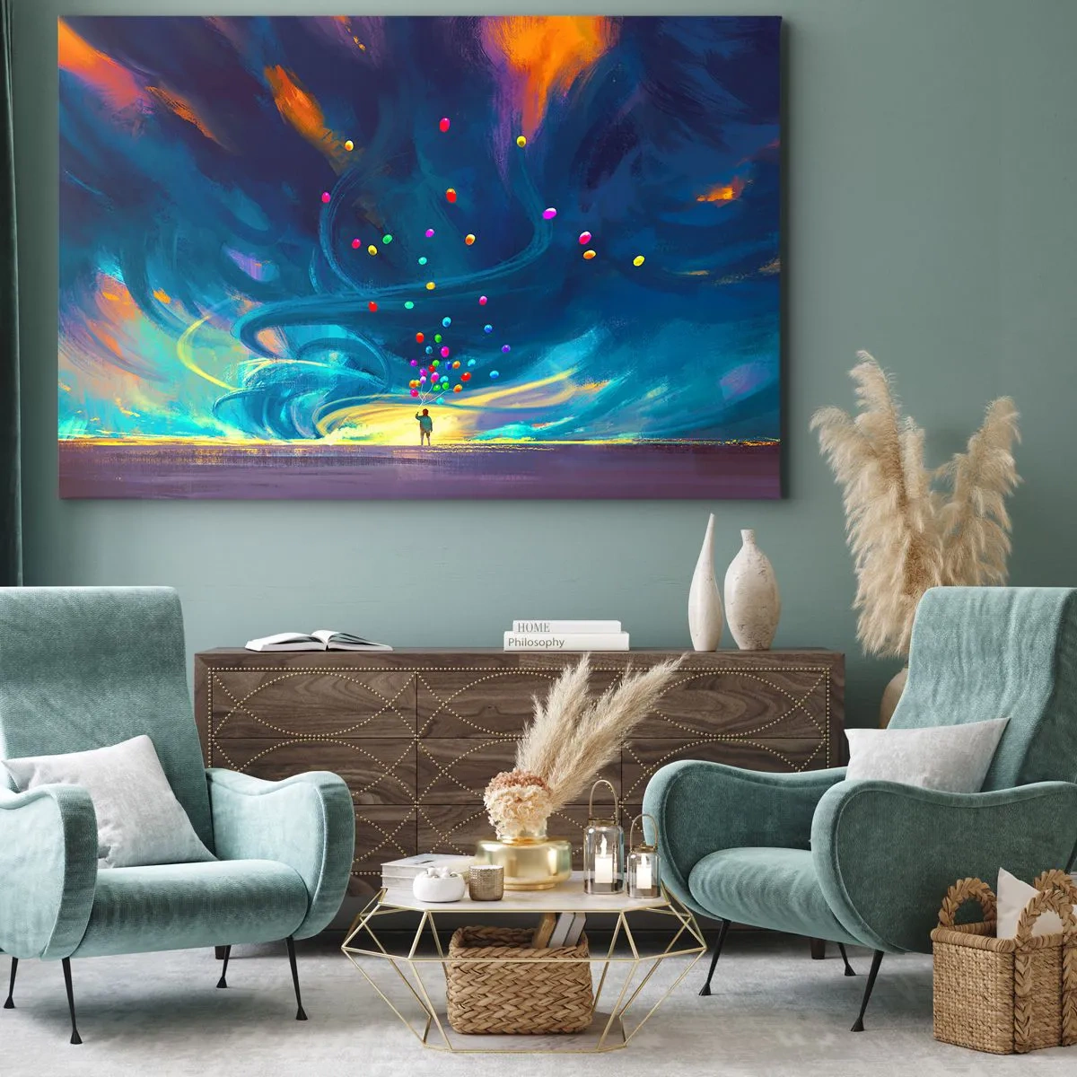 Impression sur toile - Image sur toile - Une silhouette avec des ballons sur un fond de nuages tourbillonnants et colorés - 120x80cm - Au vent bleu ciel - Décoration murale moderne pour le salon et la chambre ARTTOR
