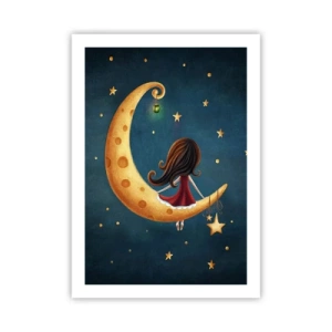Affiche - Poster - Une fille sur la lune entourée d'étoiles et d'une lanterne - 50x70cm - Il était une fois... - Décoration murale moderne pour le salon et la chambre ARTTOR