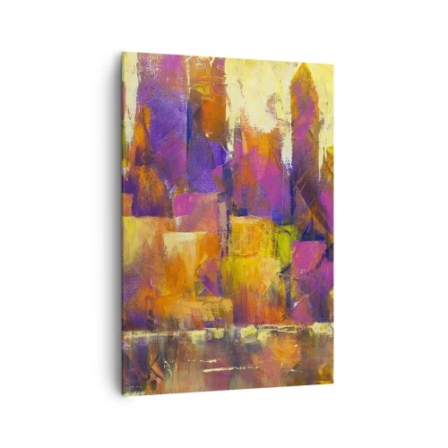 Impression sur toile - Image sur toile - Composition abstraite d'une métropole dans les tons jaune et violet - 70x100cm - Composition métropolitaine - Décoration murale moderne pour le salon et la chambre ARTTOR