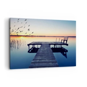 Impression sur toile - Image sur toile - Jetée en bois sur un lac au lever du soleil avec des oiseaux - 100x70cm - C'était une bonne journée - Décoration murale moderne pour le salon et la chambre ARTTOR