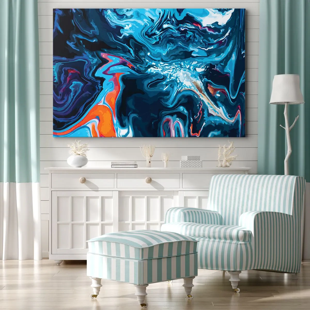 Impression sur toile - Image sur toile - Un motif abstrait dans des tons de bleu avec des accents orange. - 120x80cm - Voyage au centre du ciel - Décoration murale moderne pour le salon et la chambre ARTTOR