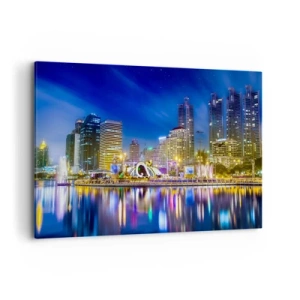 Impression sur toile - Image sur toile - Panorama nocturne de la ville avec les lumières reflétées sur l'eau - 120x80cm - Nuit arc-en-ciel de la métropole - Décoration murale moderne pour le salon et la chambre ARTTOR