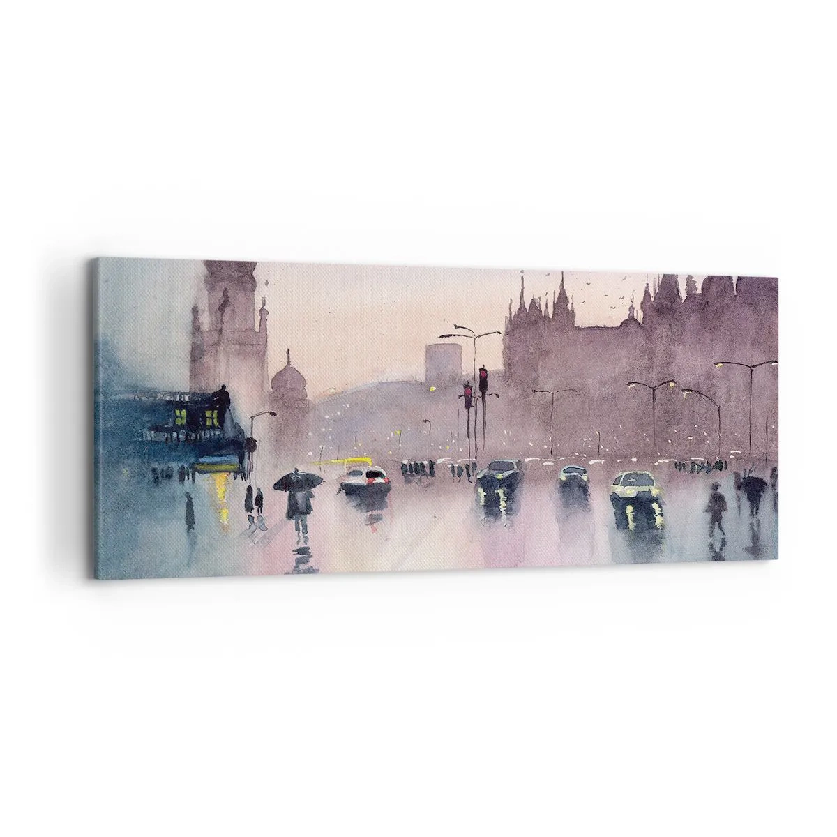 Impression sur toile - Image sur toile - Une rue de la ville au crépuscule dans un style aquarelle - 120x50cm - Dans une brume pluvieuse - Décoration murale moderne pour le salon et la chambre ARTTOR