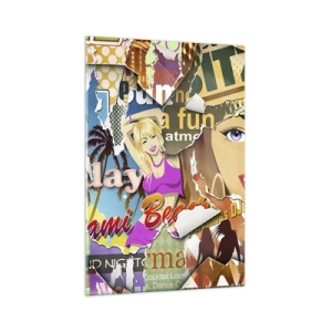 Impression sur verre - Image sur verre - Un collage coloré avec des éléments rétro et pop art. - 70x100cm - Souvenirs de vacances - Décoration murale moderne pour le salon et la chambre ARTTOR