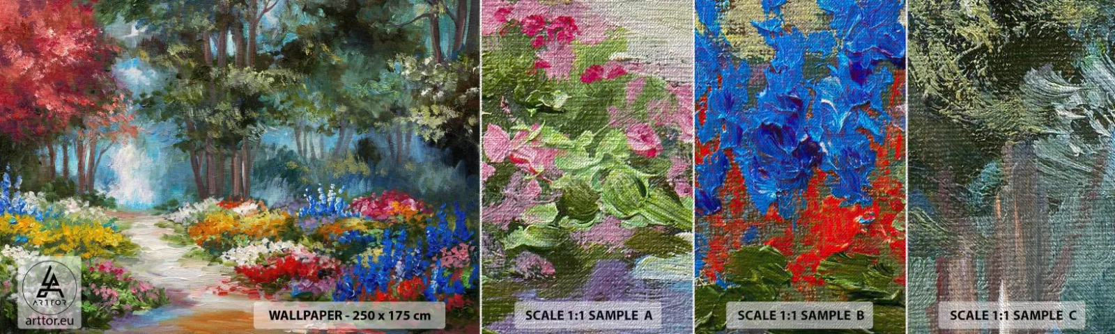 Échantillon de Papier Peint Premium Canvas - Jardin forestier, forêt de fleurs - Paysage, Parc, Fleurs - 100x30 cm