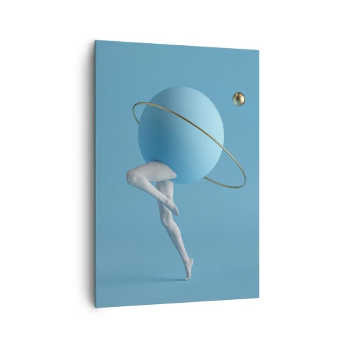 Impression sur toile - Image sur toile - Une sphère bleue avec une orbite et des jambes humaines contre le ciel - 70x100cm - Et les planètes deviennent folles - Décoration murale moderne pour le salon et la chambre ARTTOR