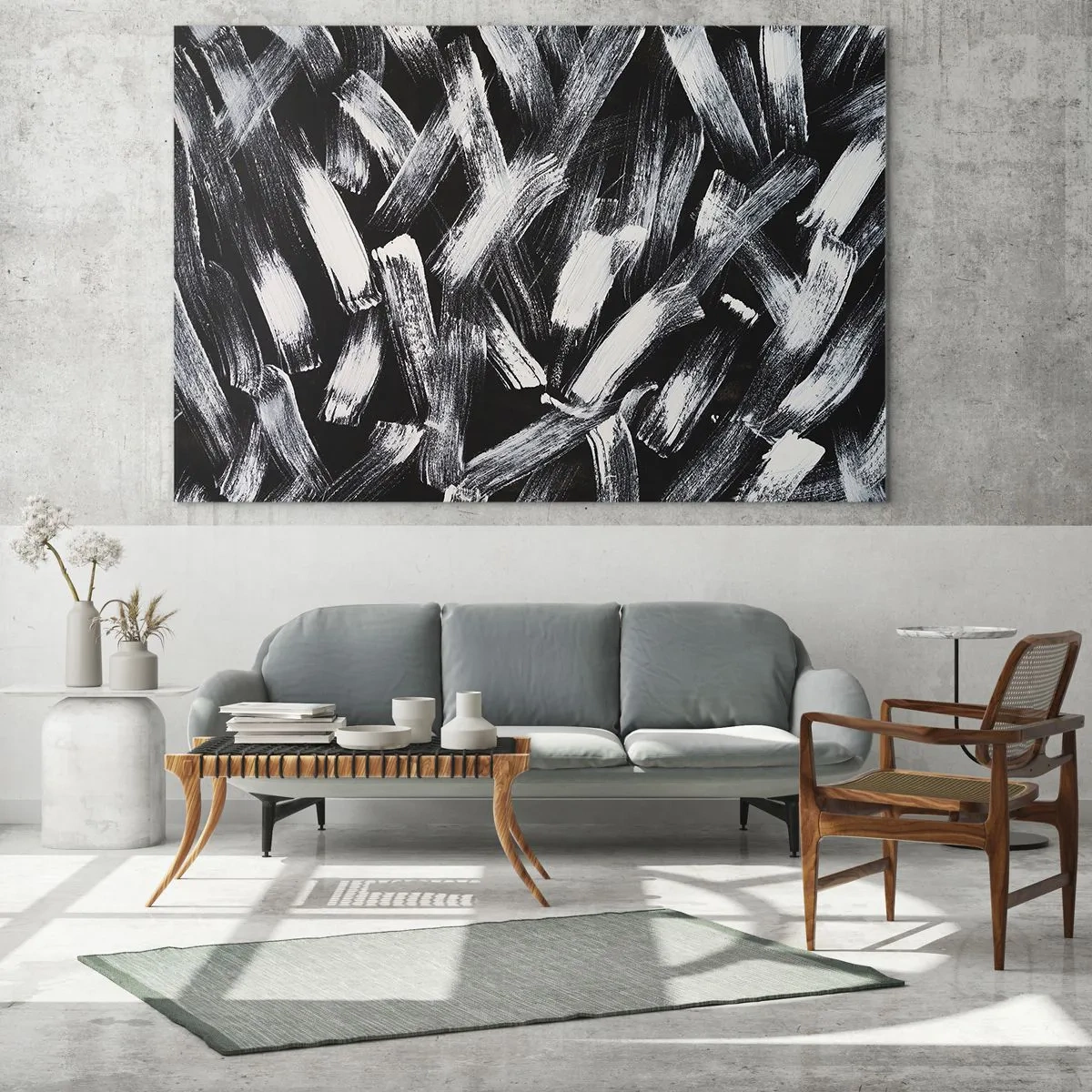 Impression sur verre - Image sur verre - Abstraction en noir et blanc de coups de pinceau sur un fond sombre - 120x80cm - L'abstraction dans l'esprit industriel - Décoration murale moderne pour le salon et la chambre ARTTOR