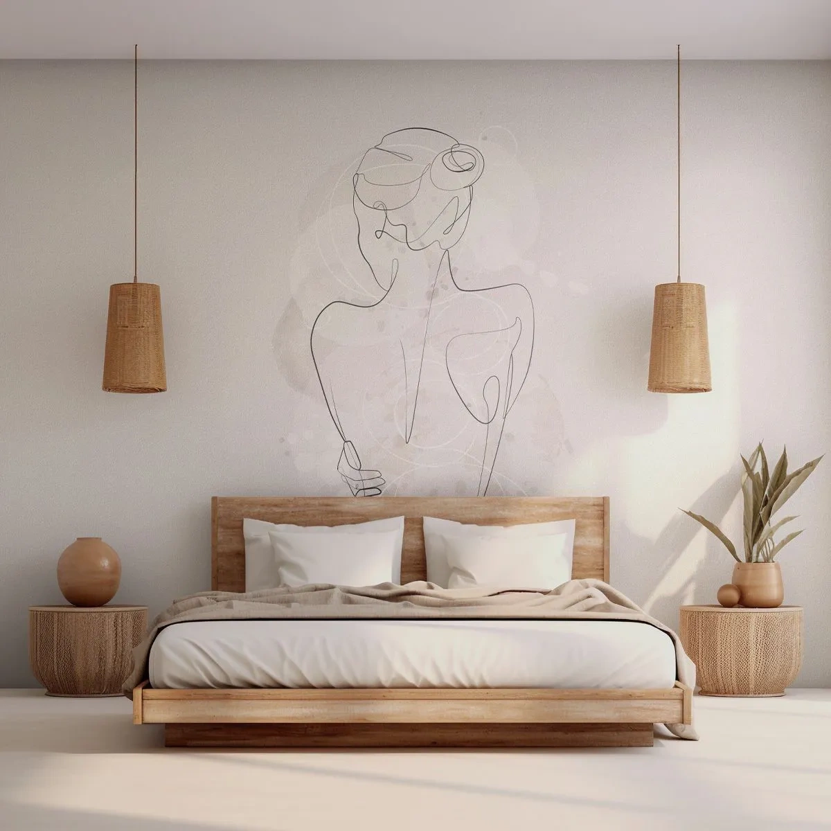 Papier Peint Photo Premium Sand - Une esquisse délicate d'une silhouette féminine sur un fond clair - 100x70cm - Comme un instrument sensible - Décoration murale moderne pour le salon et la chambre ARTTOR