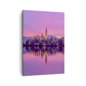 Impression sur toile - Image sur toile - Lac avec une île et une église au coucher du soleil - 50x70cm - Une île de conte de fées au crépuscule - Décoration murale moderne pour le salon et la chambre ARTTOR