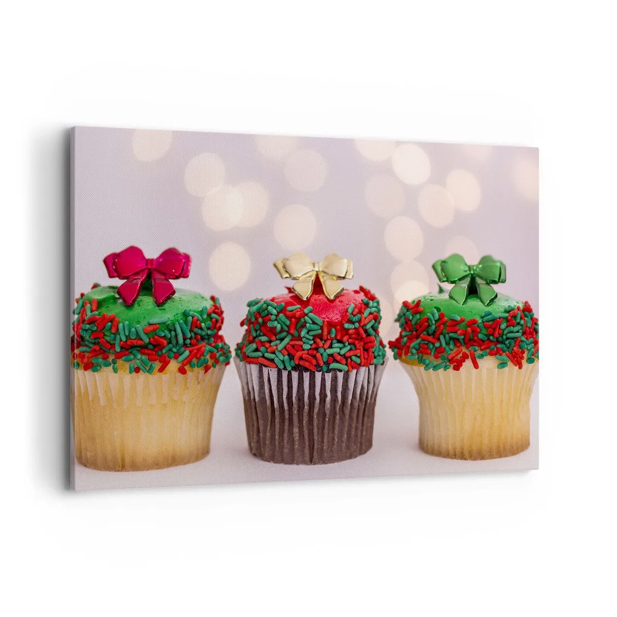 Impression sur toile - Image sur toile - Cupcakes de Noël avec des paillettes et des nœuds colorés - 120x80cm - Une sucrerie après la cocarde - Décoration murale moderne pour le salon et la chambre ARTTOR