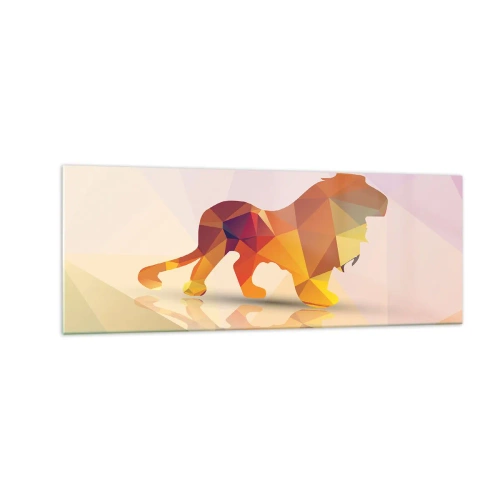 Impression sur verre - Image sur verre - Silhouette géométrique d'un lion dans les tons jaune et orange - 140x50cm - Le roi du diamant - Décoration murale moderne pour le salon et la chambre ARTTOR