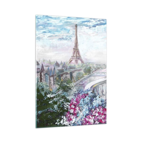 Impression sur verre - Image sur verre - Illustration d'une vue de la Tour Eiffel avec un balcon rempli de fleurs - 50x70cm - C'est le plus beau ici en mai - Décoration murale moderne pour le salon et la chambre ARTTOR