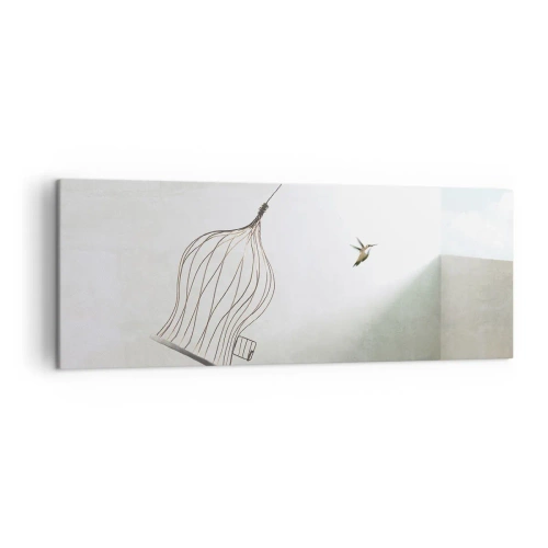 Impression sur toile - Image sur toile - Un oiseau libéré d'une cage sur fond de ciel lumineux - 140x50cm - Dans son élément - Décoration murale moderne pour le salon et la chambre ARTTOR