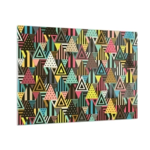 Impression sur verre - Image sur verre - Une composition abstraite avec des triangles aux couleurs intenses. - 100x70cm - En rythme de trois - Décoration murale moderne pour le salon et la chambre ARTTOR