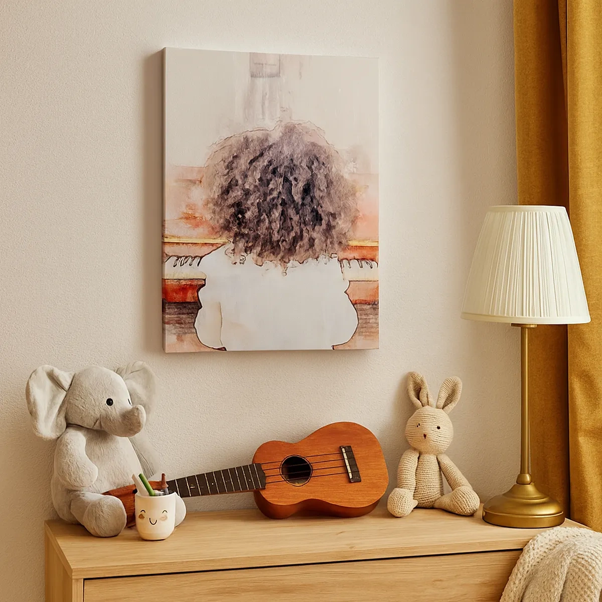 Impression sur toile - Image sur toile - Une fille aux cheveux touffus au piano - 50x70cm - Dans un nouveau monde - Décoration murale moderne pour le salon et la chambre ARTTOR