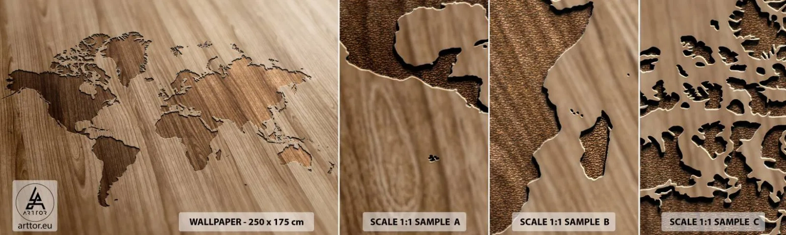 Échantillon de Papier Peint Autocollant Deluxe Sticker - Le monde est sur la table - Carte du monde, Bois, Continents - 100x30 cm