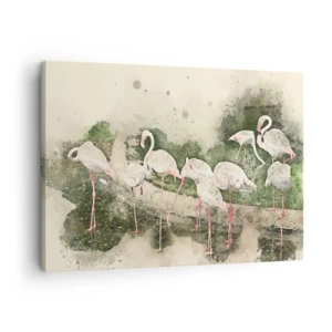 Impression sur toile - Image sur toile - Flamants roses dans leur environnement naturel dans un style aquarelle - 70x50cm - Rêve exotique - Décoration murale moderne pour le salon et la chambre ARTTOR