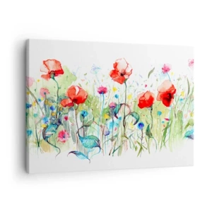 Impression sur toile - Image sur toile - Une prairie avec des coquelicots rouges et des fleurs colorées à l'aquarelle - 70x50cm - Prairie de fleurs en mai - Décoration murale moderne pour le salon et la chambre ARTTOR