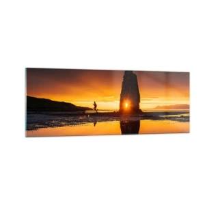 Impression sur verre - Image sur verre - Personne courant sur la plage au coucher du soleil avec formation rocheuse - 140x50cm - Juste vous et la nature - Décoration murale moderne pour le salon et la chambre ARTTOR