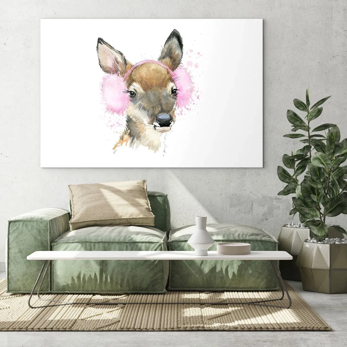 Impression sur verre - Image sur verre - Un cerf avec des cache-oreilles en fourrure rose - 70x50cm - Et le gel n'effraie plus - Décoration murale moderne pour le salon et la chambre ARTTOR