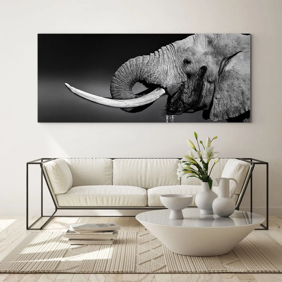Impression sur verre - Image sur verre - Portrait noir et blanc d'un éléphant de profil - 160x50cm - Oui, c'est bon maintenant - Décoration murale moderne pour le salon et la chambre ARTTOR