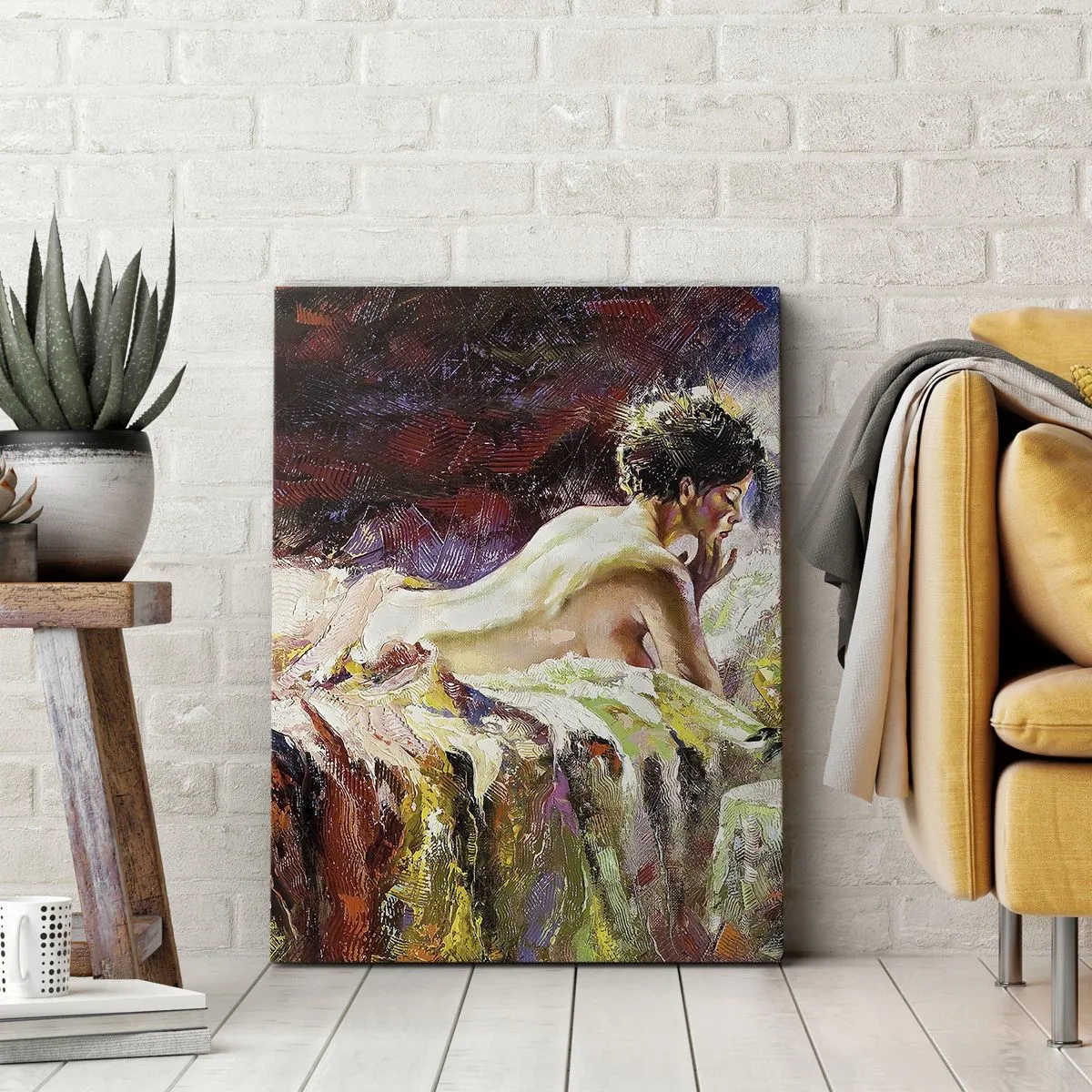 Impression sur toile - Image sur toile - Une femme allongée sur un lit sur un fond de couleurs abstraites. - 50x70cm - Vénus en pensée - Décoration murale moderne pour le salon et la chambre ARTTOR