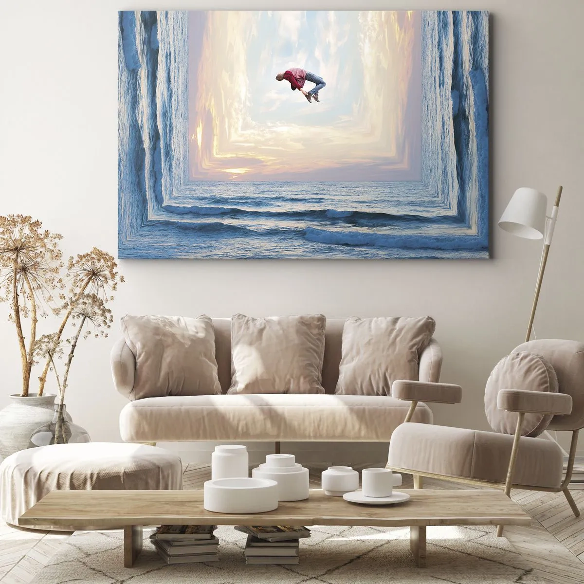 Impression sur toile - Image sur toile - Saut surréaliste au-dessus de la mer dans le cadre - 70x50cm - Vers une autre dimension - Décoration murale moderne pour le salon et la chambre ARTTOR