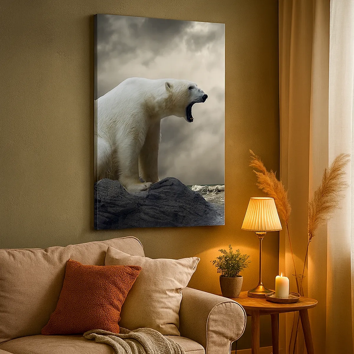 Impression sur toile - Image sur toile - Un ours polaire sur les rochers au-dessus d'une mer agitée - 50x70cm - Roi solitaire de l'Arctique - Décoration murale moderne pour le salon et la chambre ARTTOR