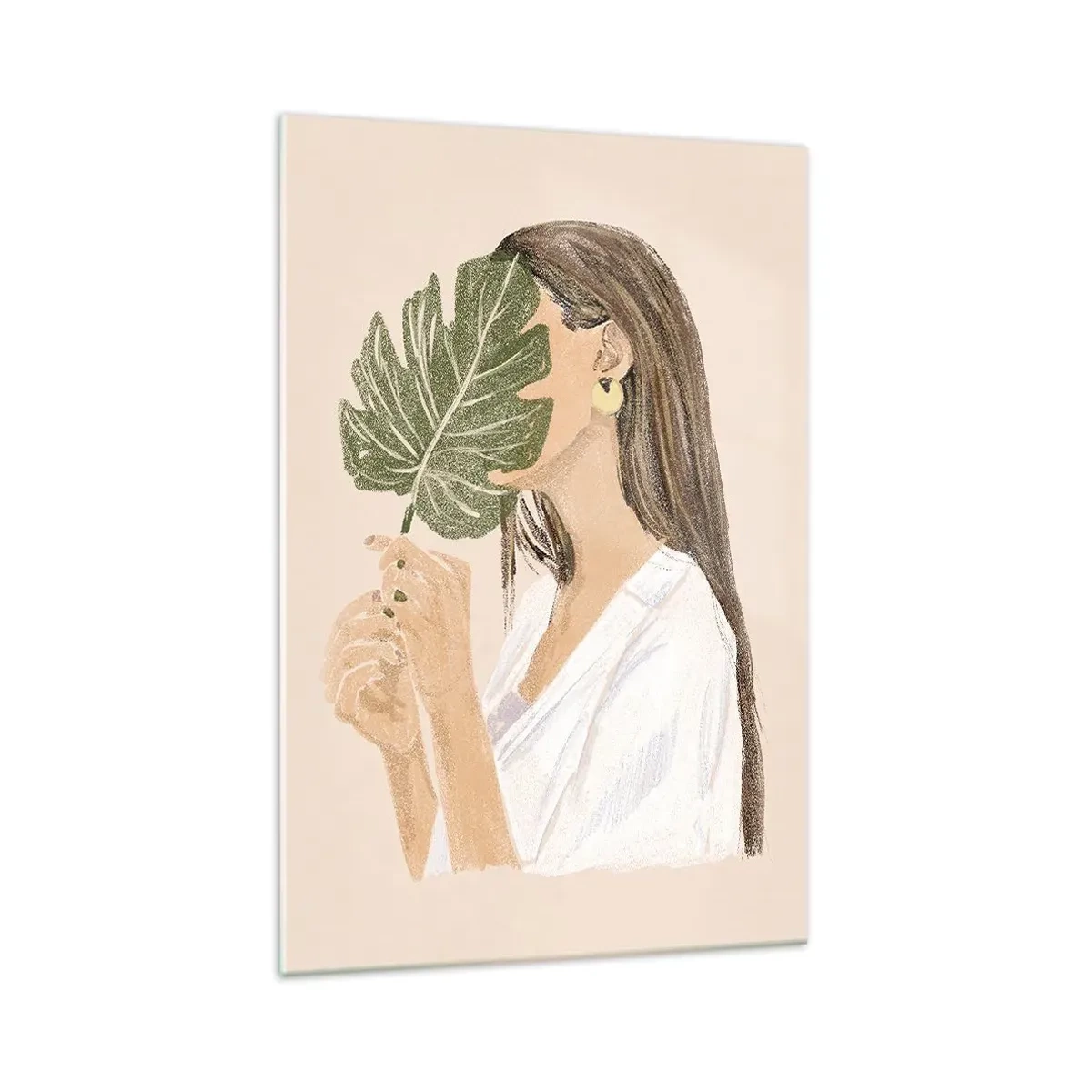 Impression sur verre - Image sur verre - Portrait d'une femme avec une feuille de monstera sur fond beige - 70x100cm - Portrait mystérieux avec un éventail - Décoration murale moderne pour le salon et la chambre ARTTOR