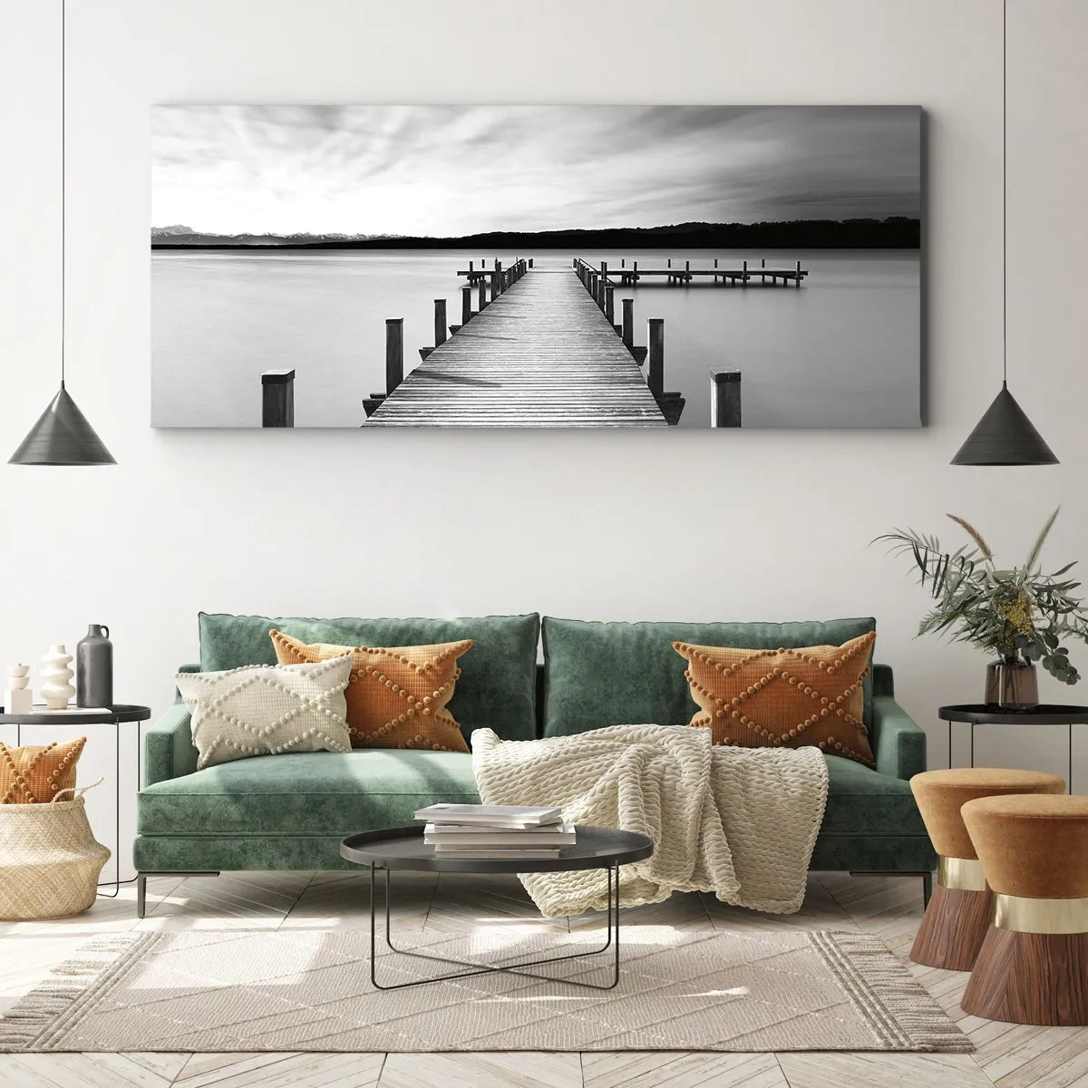 Impression sur toile - Image sur toile - Une jetée noire et blanche sur un lac calme - 140x50cm - Au point d'eau - la paix - Décoration murale moderne pour le salon et la chambre ARTTOR