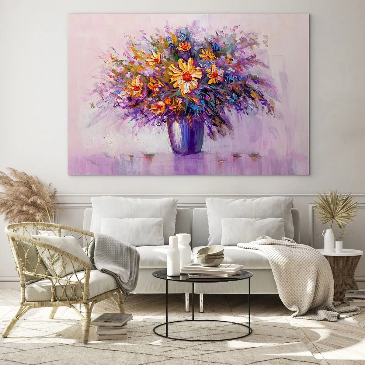 Impression sur verre - Image sur verre - Un bouquet de fleurs colorées dans un vase sur un fond pastel - 100x70cm - Ça sent bon, ça a l'air doux - Décoration murale moderne pour le salon et la chambre ARTTOR