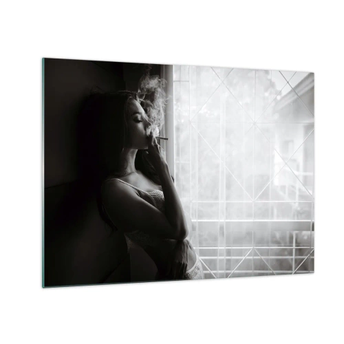 Impression sur verre - Image sur verre - Femme fumant près de la fenêtre en noir et blanc - 70x50cm - Vous sentez-vous libre ? - Décoration murale moderne pour le salon et la chambre ARTTOR
