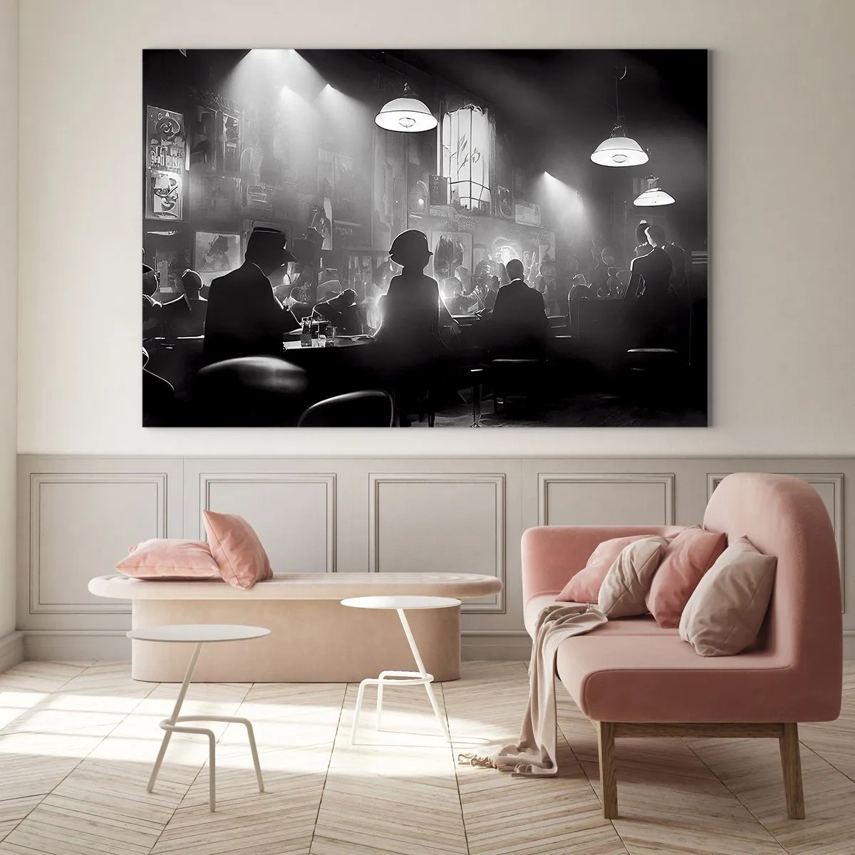 Impression sur verre - Image sur verre - Scène de jazz en noir et blanc dans un intérieur de club - 120x80cm - Dans une ambiance jazz - Décoration murale moderne pour le salon et la chambre ARTTOR