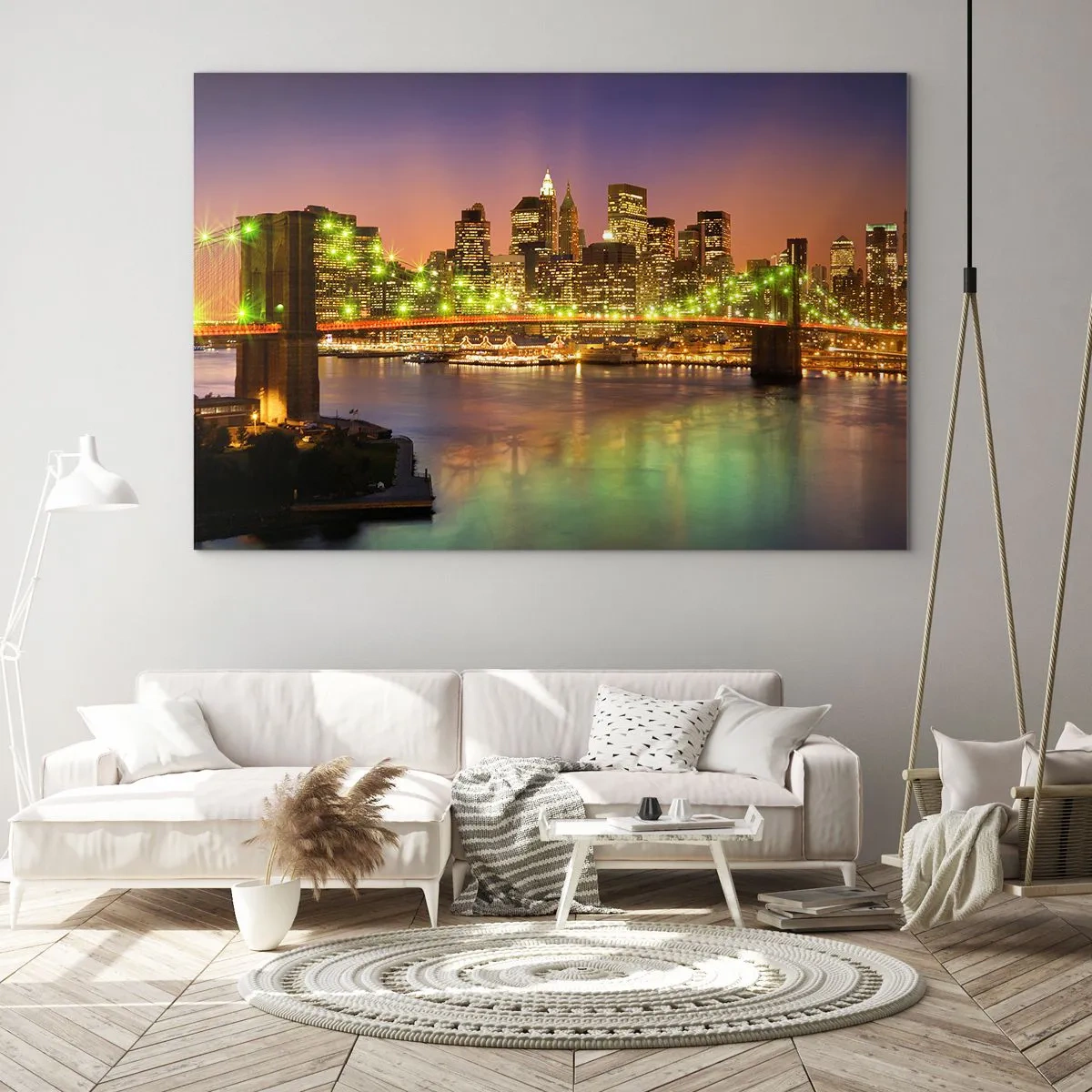 Impression sur verre - Image sur verre - Pont illuminé sur la rivière avec vue panoramique sur la ville au crépuscule - 70x50cm - Ici la lumière ne s'éteint jamais - Décoration murale moderne pour le salon et la chambre ARTTOR