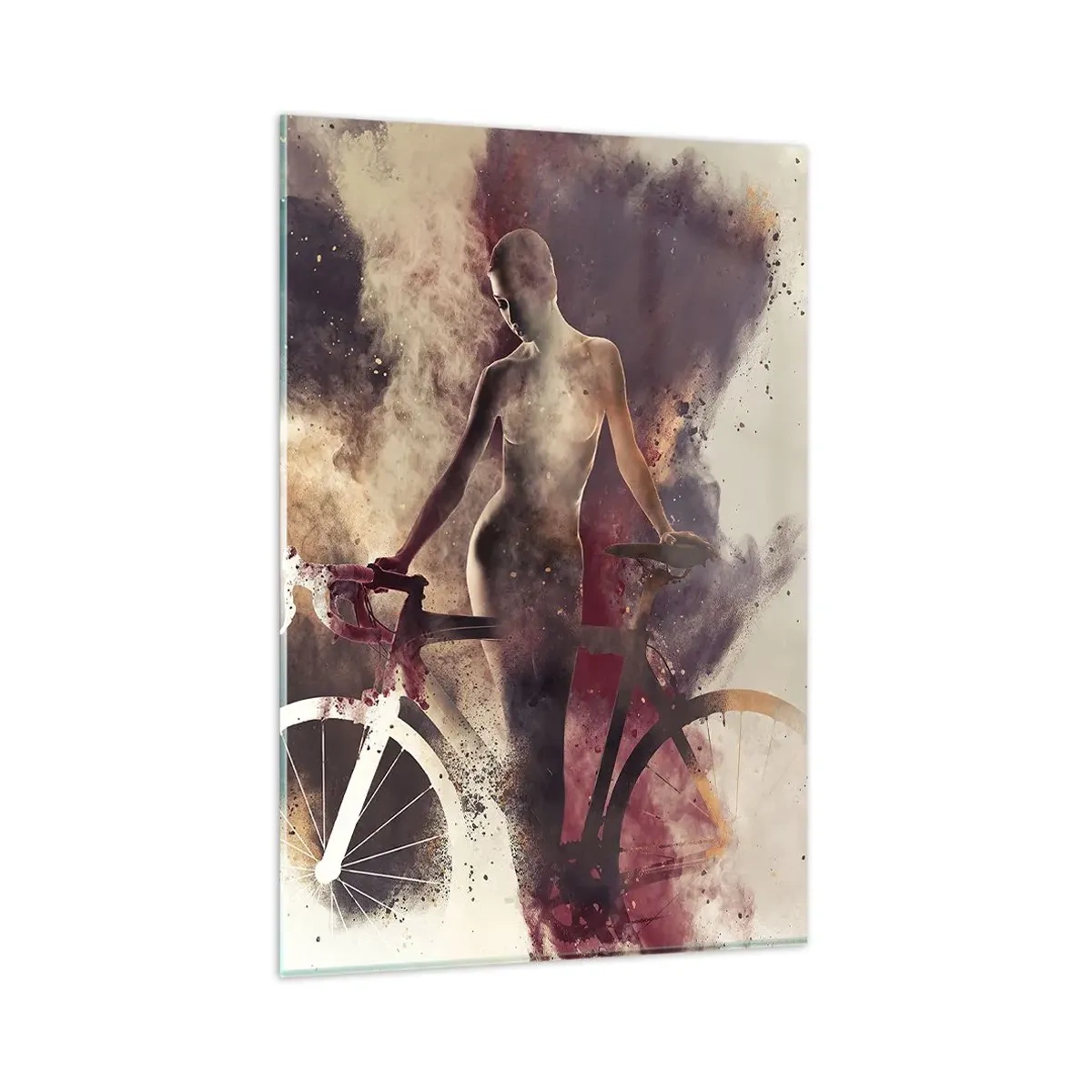 Impression sur verre - Image sur verre - Silhouette abstraite avec un vélo dans un style artistique - 80x120cm - Une âme de vélo aux formes marbrées - Décoration murale moderne pour le salon et la chambre ARTTOR