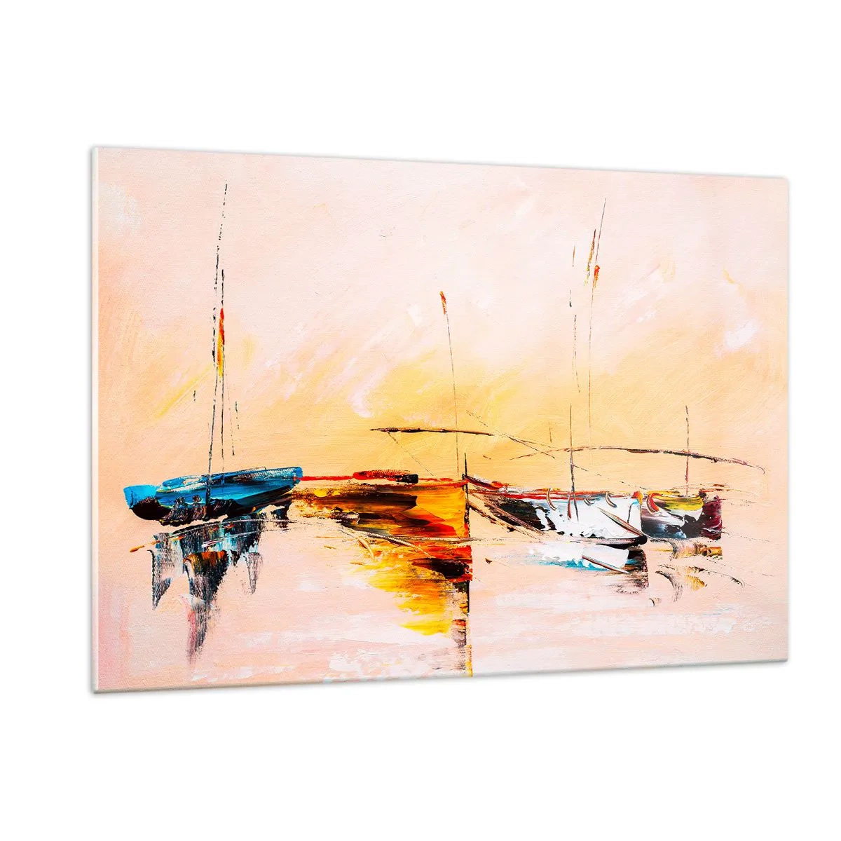 Impression sur verre - Image sur verre - Bateaux colorés amarrés sur fond de coucher de soleil impressionniste - 120x80cm - Soirée à la marina - Décoration murale moderne pour le salon et la chambre ARTTOR
