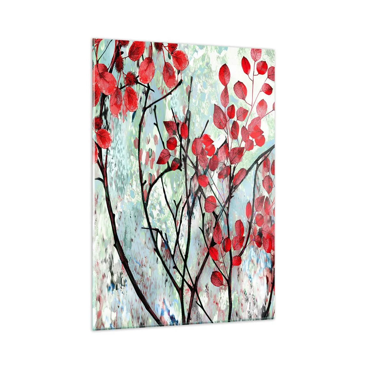 Impression sur verre - Image sur verre - Branches avec des feuilles rouges sur un fond peint - 50x70cm - Arbre en écarlate - Décoration murale moderne pour le salon et la chambre ARTTOR