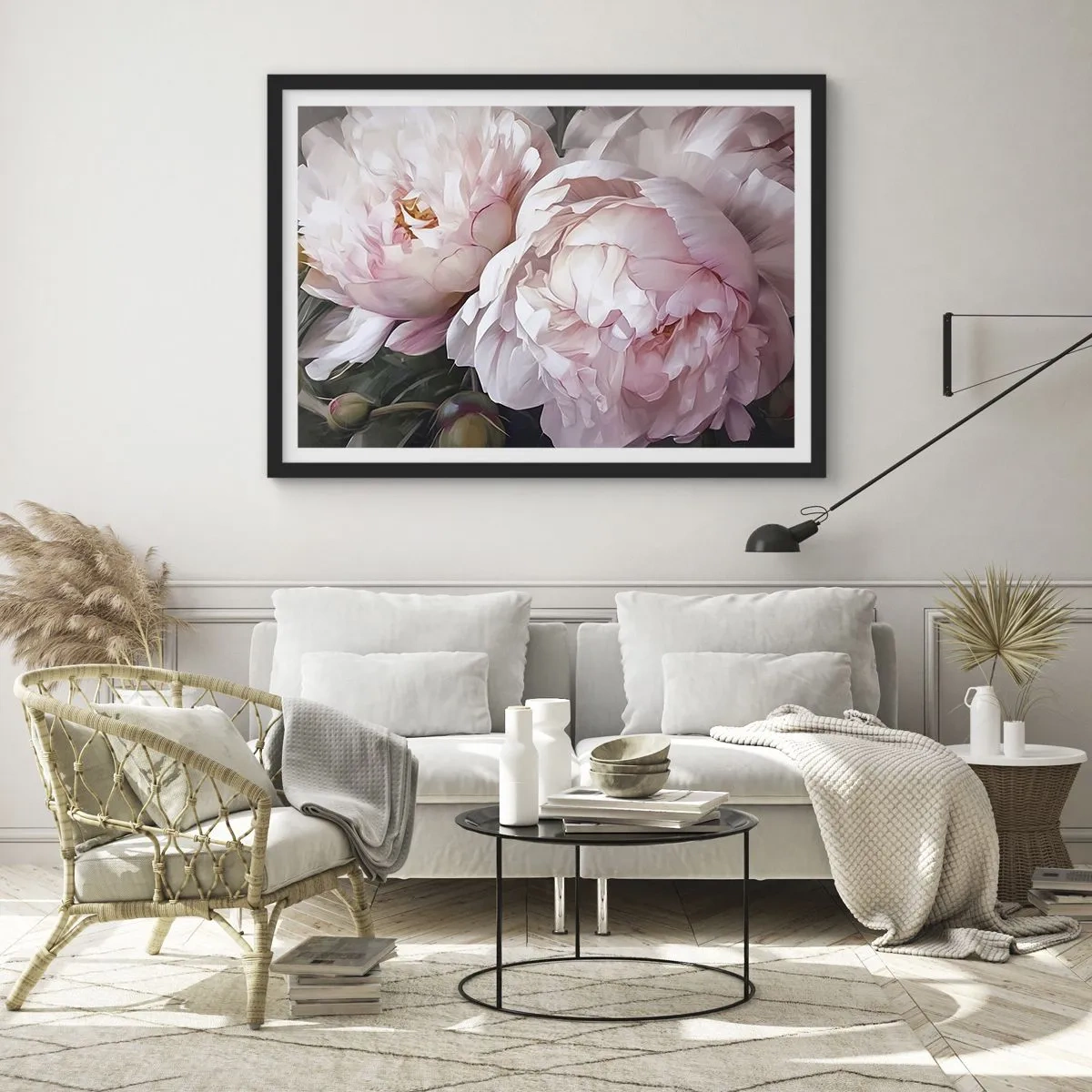 Affiche dans un cadre noir - Poster - Pivoines roses délicates en pleine floraison - 100x70cm - Arrêté en pleine floraison - Décoration murale moderne pour le salon et la chambre ARTTOR