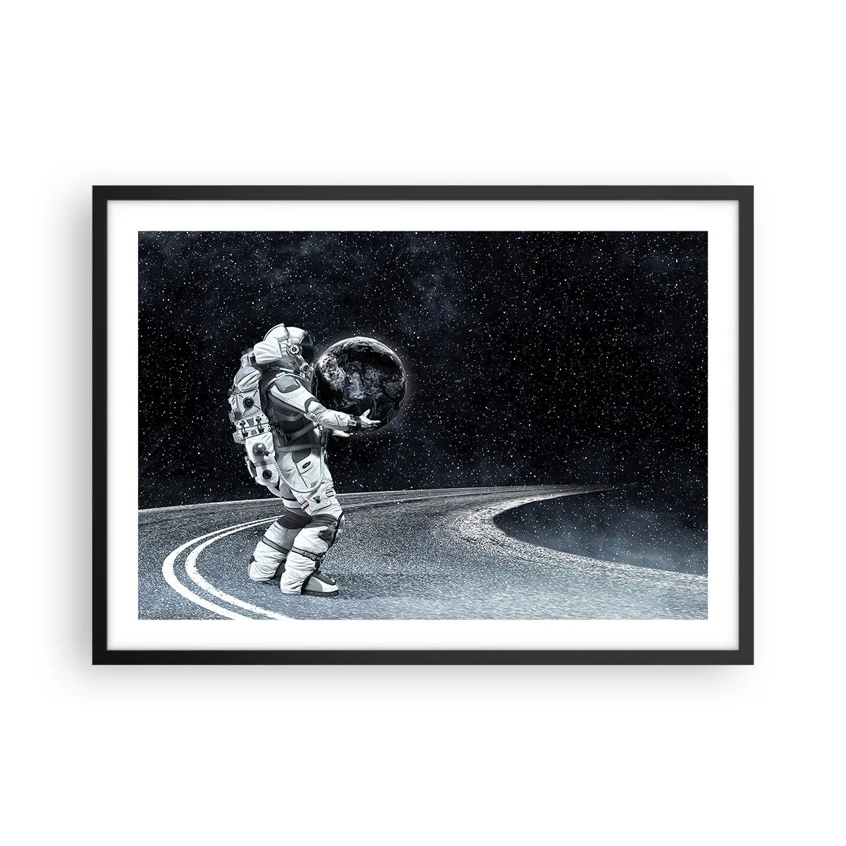 Affiche dans un cadre noir - Poster - Astronaute avec la Terre contre le ciel étoilé - 70x50cm - Sur la Voie Lactée - Décoration murale moderne pour le salon et la chambre ARTTOR