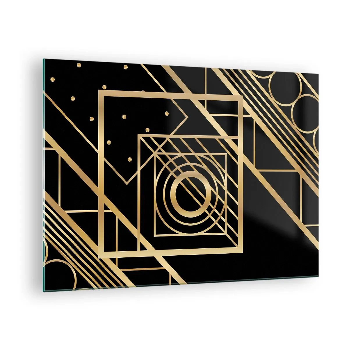 Impression sur verre - Image sur verre - Motifs géométriques dorés sur fond noir - 70x50cm - Géométrie en or - Décoration murale moderne pour le salon et la chambre ARTTOR