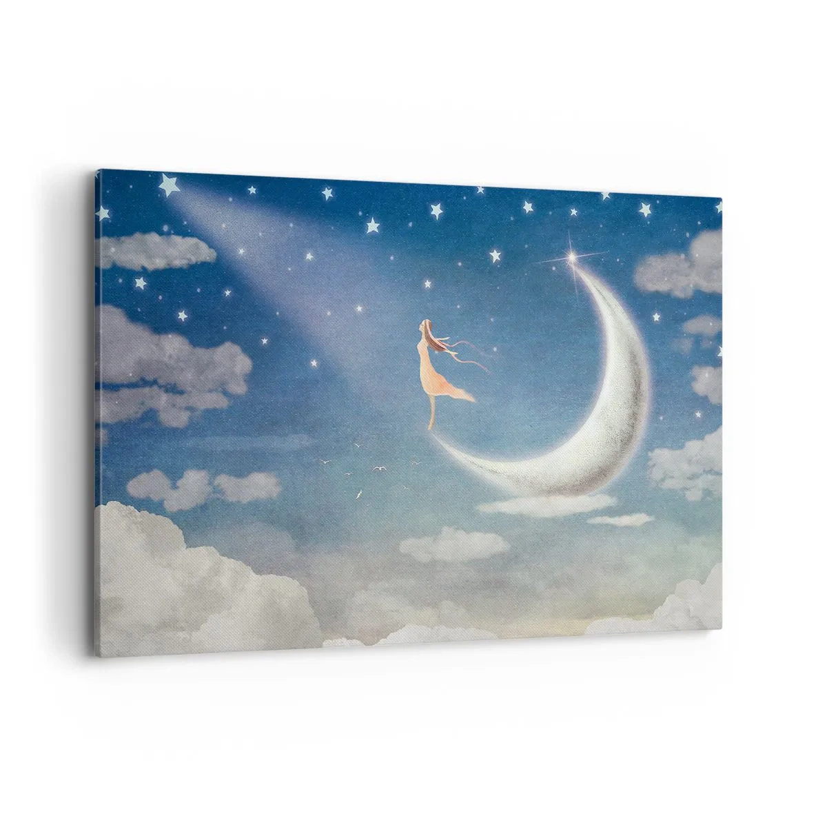 Impression sur toile - Image sur toile - Une femme dans la lune entourée d'étoiles et de nuages - 100x70cm - Valise bleue - Décoration murale moderne pour le salon et la chambre ARTTOR