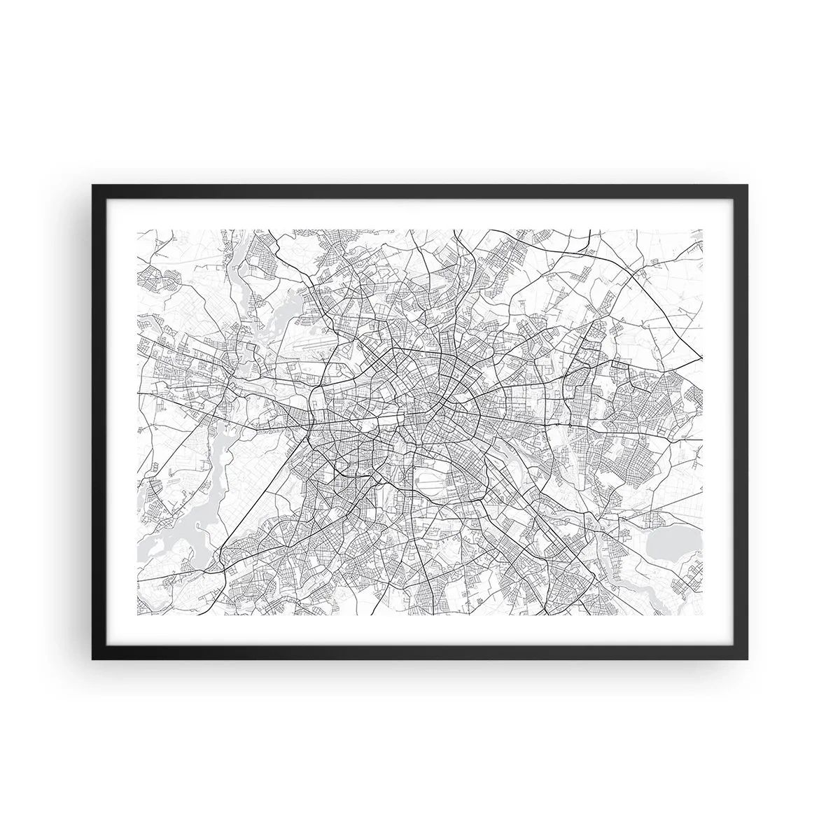 Affiche dans un cadre noir - Poster - Carte détaillée de la ville en noir et blanc - 70x50cm - Fleur de Berlin - Décoration murale moderne pour le salon et la chambre ARTTOR