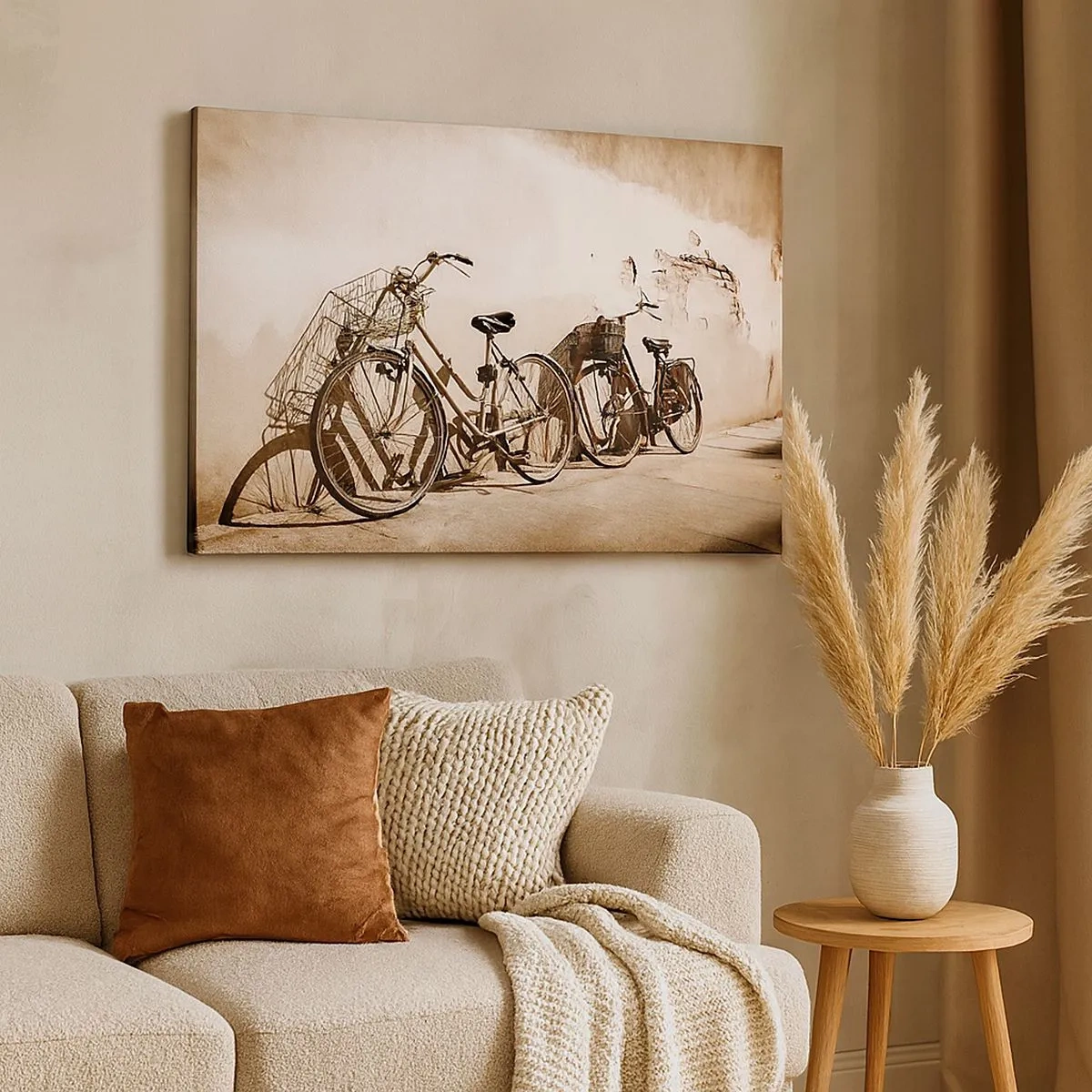 Impression sur toile - Image sur toile - Deux vélos appuyés contre un vieux mur de style rétro - 70x50cm - Le charme inoubliable du passé - Décoration murale moderne pour le salon et la chambre ARTTOR