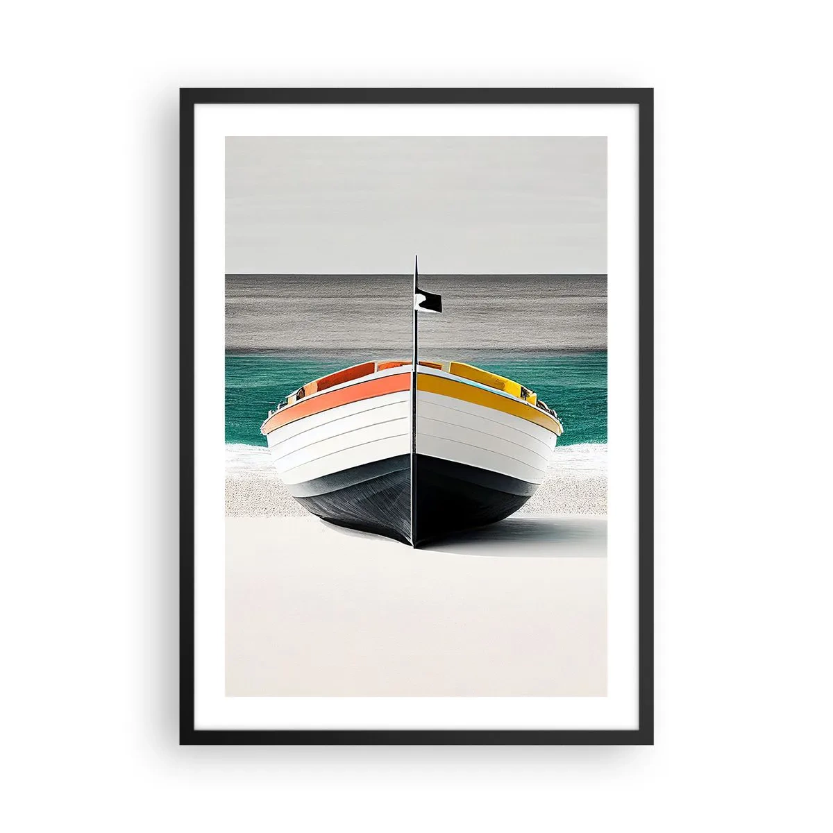 Affiche dans un cadre noir - Poster - Photographie couleur d'un bateau sur fond de mer et de sable. - 50x70cm - A sa place - Décoration murale moderne pour le salon et la chambre ARTTOR